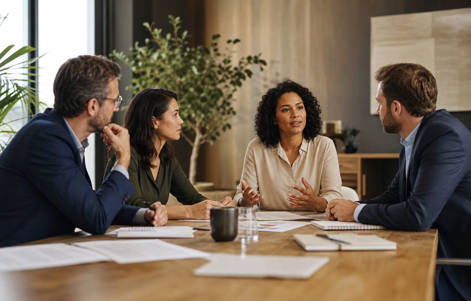 A diverse implementation team collaborating around a conference table.